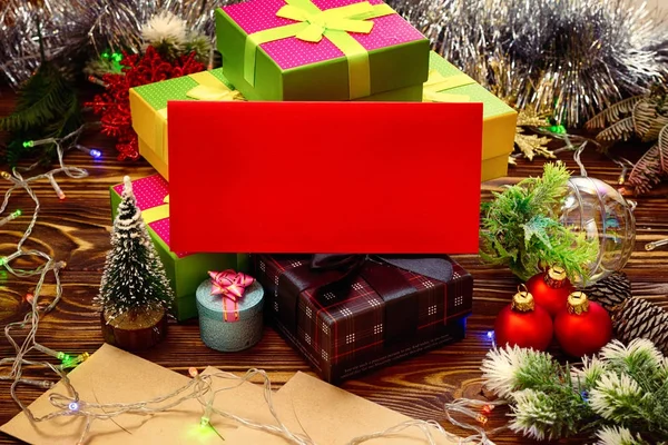 Carta Navidad Sobre Fondo Madera Con Regalos Navidad Decoraciones Tarjeta — Foto de Stock