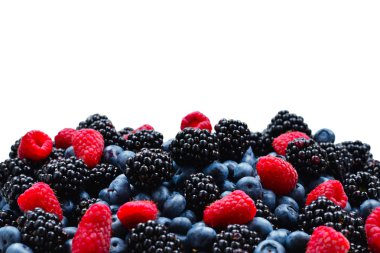 Böğürtlen, ahududu, yaban mersini arka planı. Üst görünüm.