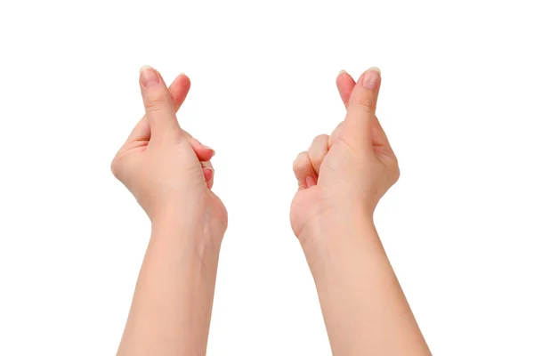 Mani di donna isolate sul bianco. Simbolo cuore . — Foto Stock