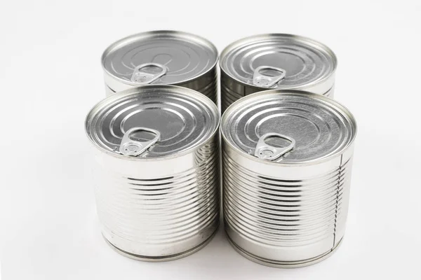 Group of silver canned food on white background. — Stock Photo, Image
