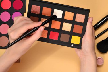 Kadın elinde göz farı paleti. Profesyonel makyaj ürünleri w