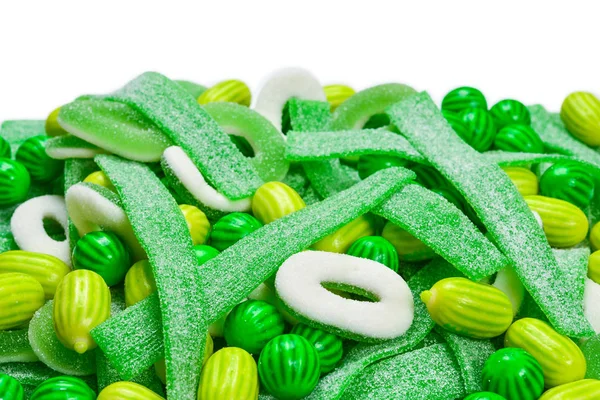 Geassorteerde groene gummy snoepjes achtergrond. Bovenaanzicht. Jelly snoepjes — Stockfoto