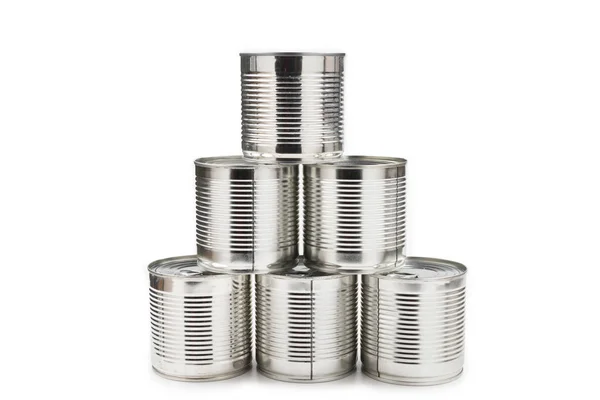 Group of silver canned food on white background. Royalty Free Stock Images