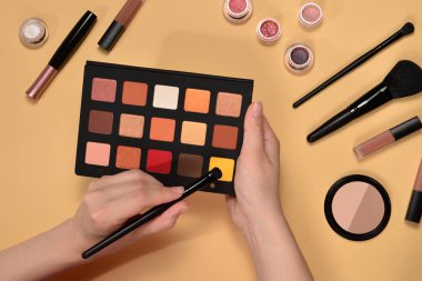 Kadın elinde göz farı paleti. Profesyonel makyaj ürünleri w