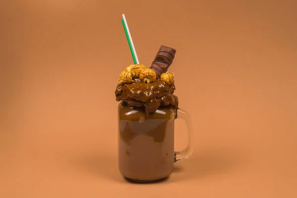 Chocolate milkshake with whipped cream, cookies, waffles, served — Stock Photo, Image