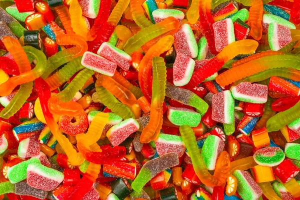 Verschiedene Leckere Gummibärchen Ansicht Von Oben Gelee Bonbons Hintergrund — Stockfoto