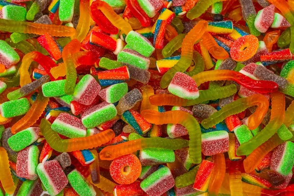 Assortert Velsmakende Godteri Topputsikt Jelly Søtsaker Bakgrunn – stockfoto