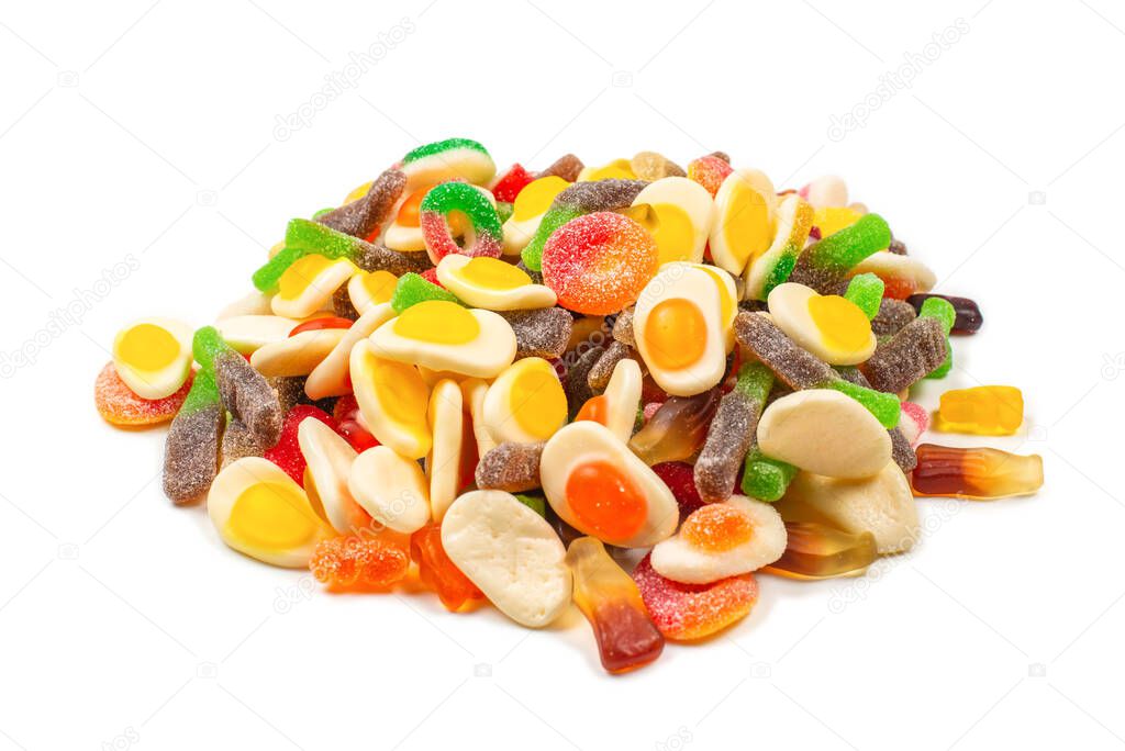 Assorted gummy candies. Top view. Jelly  sweets. Isolated on white.