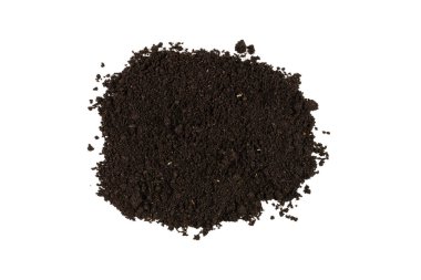 Beyaz arka planda izole edilmiş bir avuç toprak. Üst görünüm. 