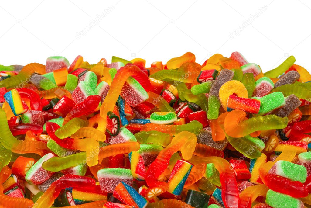 Assorted tasty gummy candies. Top view. Jelly  sweets background. 