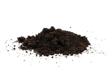 Beyaz arka planda izole edilmiş bir avuç toprak. Üst görünüm. 