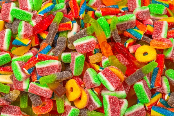 对美味的糖果进行分类 顶部视图 果冻糖的背景 — 图库照片