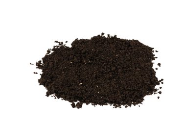 Beyaz arka planda izole edilmiş bir avuç toprak. Üst görünüm. 