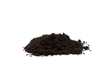 Beyaz arka planda izole edilmiş bir avuç toprak. Üst görünüm. 