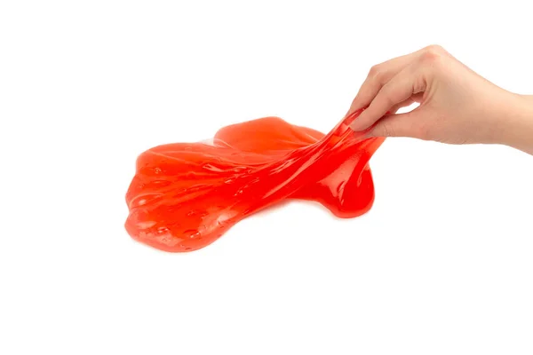Red Slime Toy Woman Hand Isolated White Top View — Stock Photo, Image