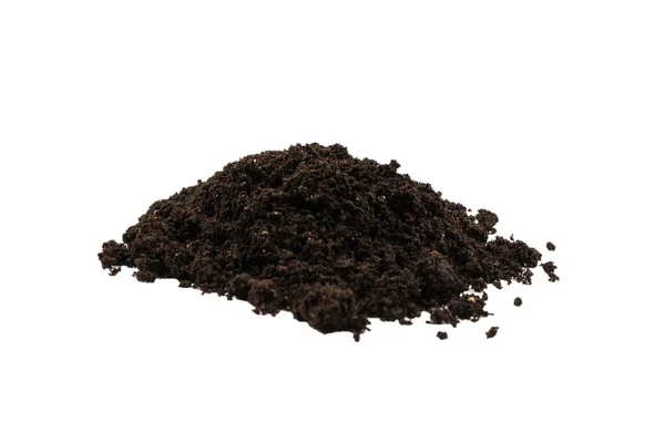 Beyaz arka planda izole edilmiş bir avuç toprak. Üst görünüm. 