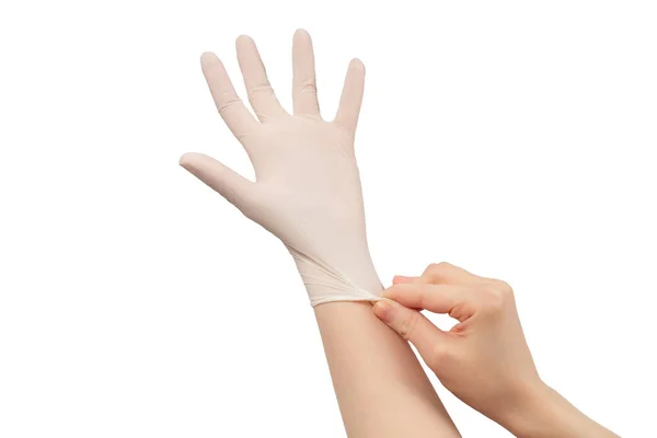 Vrouw Doet Witte Rubberen Handschoenen Aan Geïsoleerd Wit — Stockfoto