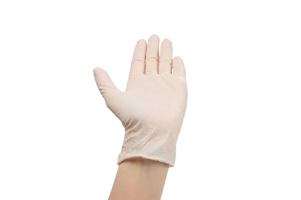 Femme Met Des Gants Caoutchouc Blanc Isolé Sur Blanc — Photo