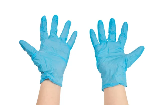 Kobieta Zakłada Niebieskie Gumowe Rękawiczki Odizolowane Biało — Zdjęcie stockowe