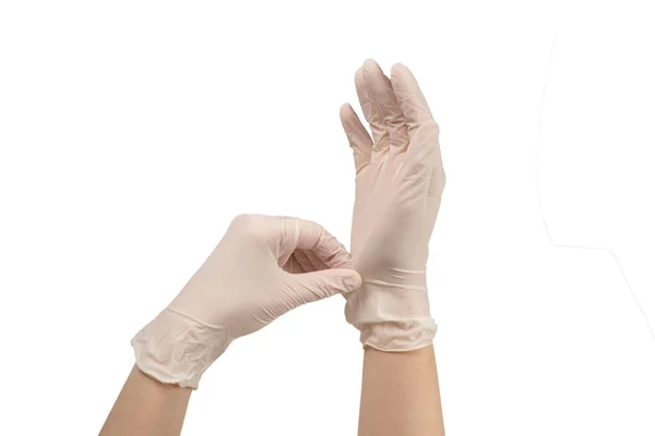 Woman Puts White Rubber Gloves Isolated White — Stock Photo, Image