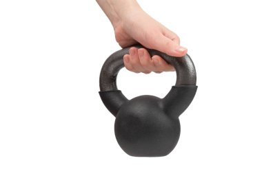 Kadın elinde, beyaz üzerine siyah ağırlık izole edilmiş. 4 kg ağırlığında. Kadınlar için Fitness. 