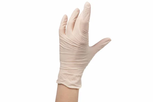 Woman Puts White Rubber Gloves Isolated White — Stock Photo, Image