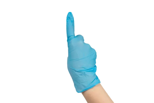 女人戴上蓝色橡胶手套 指向或触摸 与白种人隔离 — 图库照片
