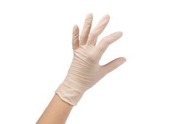 Kadın beyaz lastik eldiven takıyor. Beyazda izole edilmiş.