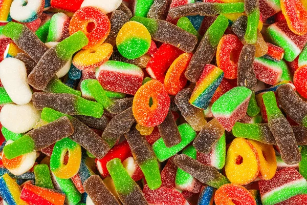 Różne Gumowe Cukierki Widok Góry Galaretki Słodycze Tło — Zdjęcie stockowe