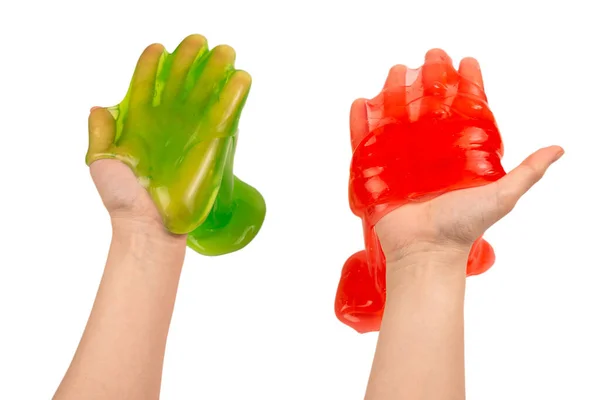 Green Red Slime Toy Woman Hand Isolated White Top View — Stock Photo, Image