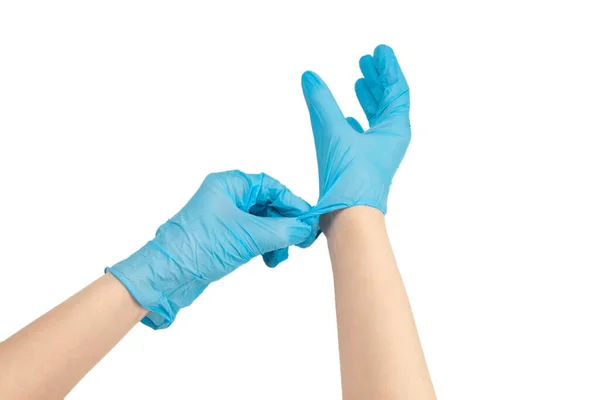 Woman Puts Blue Rubber Gloves Isolated White — Stock Photo, Image