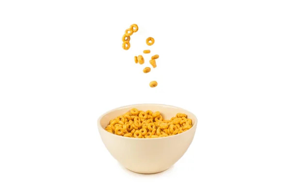 Caja Cereales Anillos Miel Para Desayuno Mañana Copos Maíz Cayendo —  Fotos de Stock