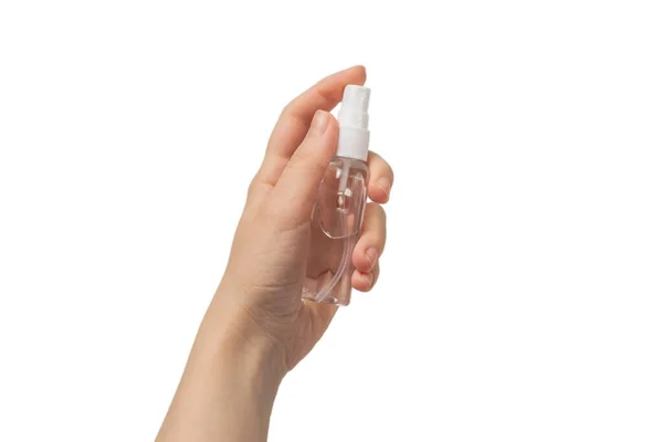 Beyaz arka planda el dezenfeksiyonu var. Üst görünüm. 