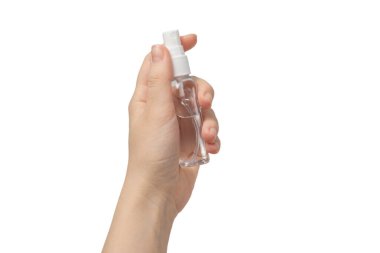 Beyaz arka planda el dezenfeksiyonu var. Üst görünüm. 