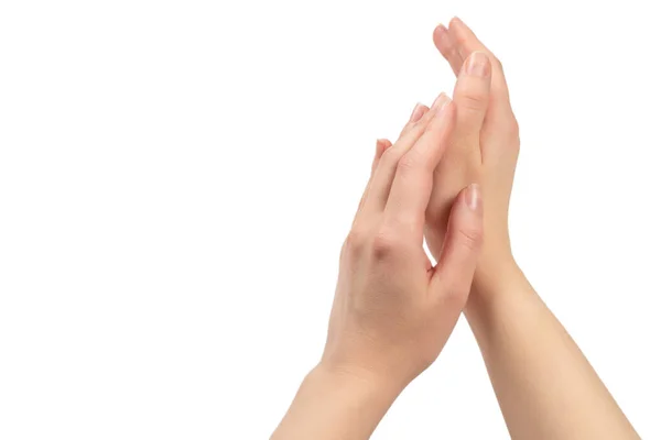 Mãos Mulher Isoladas Fundo Branco Vista Superior — Fotografia de Stock