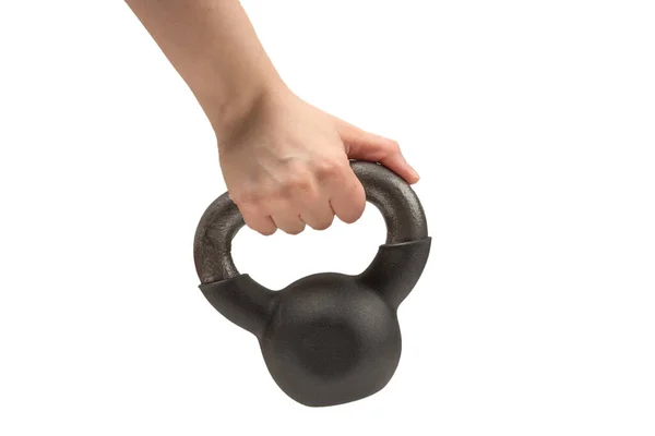 Zwart Gewicht Geïsoleerd Wit Hand Van Een Vrouw Gewicht Fitness — Stockfoto