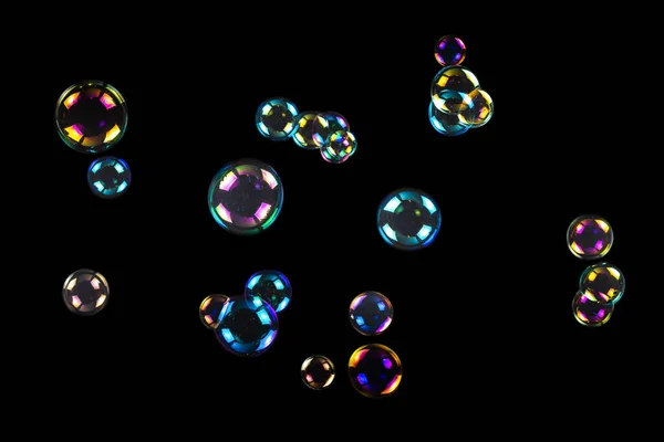 Soap Bubbles Isolated Black Background Copy Space — Stock Photo, Image