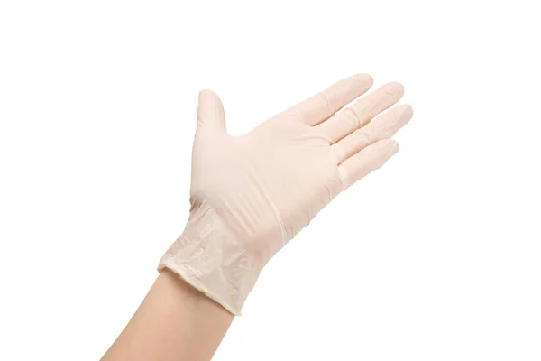 女性は白いゴム手袋をはめる 白に隔離された — ストック写真