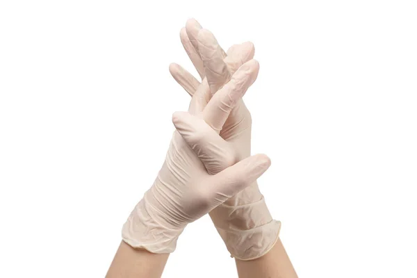 Femme Met Des Gants Caoutchouc Blanc Isolé Sur Blanc — Photo