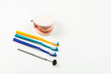 Çene düzeni ve cep aynası beyaza izole edilmiş. Boşluğu kopyala.