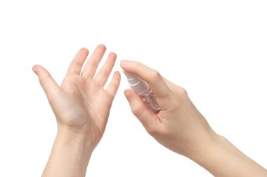 Beyaz arka planda el dezenfeksiyonu var. Üst görünüm. 