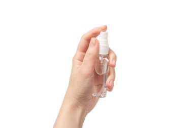 Beyaz arka planda el dezenfeksiyonu var. Üst görünüm. 