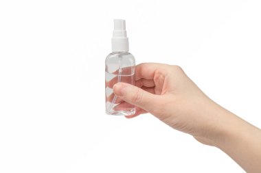 Beyaz arka planda el dezenfeksiyonu var. Üst görünüm. 