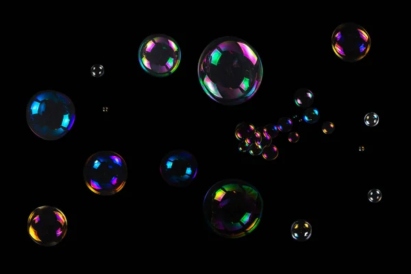Soap Bubbles Isolated Black Background Copy Space — Stock Photo, Image