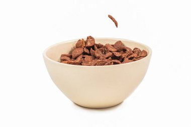 Beyaz kaseye düşen çikolatalı mısır gevreği. Hareket. Kopyalama alanı.