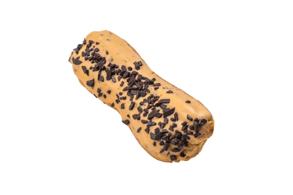 Verse Smakelijke Eclairs Witte Achtergrond Bovenaanzicht — Stockfoto