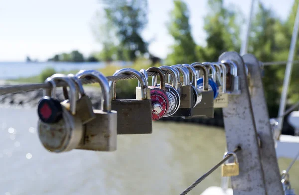 Padlocks hang on steel rope