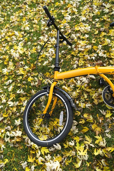 Orange folding bike in the forest — Stock Photo, Image