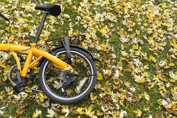 Orange folding bike in the forest — Stock Photo, Image