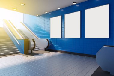Poster metro istasyonu yürüyen merdiven içinde medya şablon reklamları görüntülemek kadar alay et. 3D render